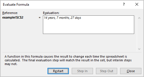 Restart button Evaluate Formula in Excel 365