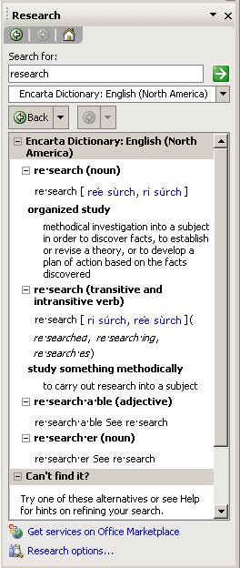 Research pane in Office 2003