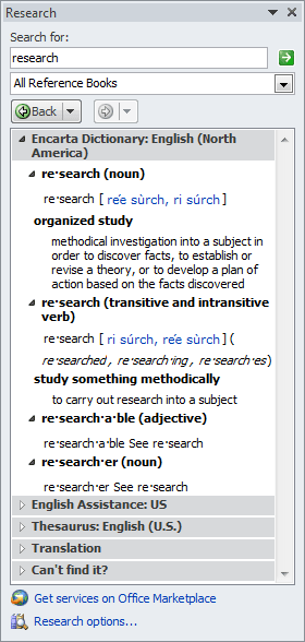 Research pane in Office 2010