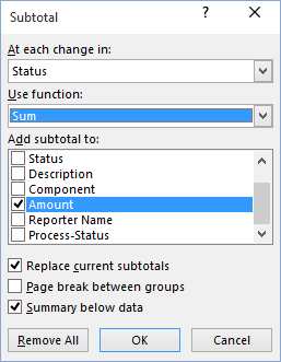 Subtotal dialog box in Excel 2016