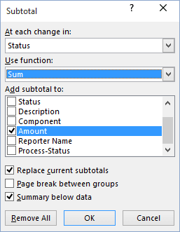 Subtotal dialog box in Excel 2016 Subtotal dialog box in Excel 2016