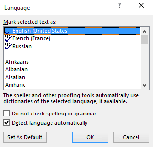 Language in Word 2016