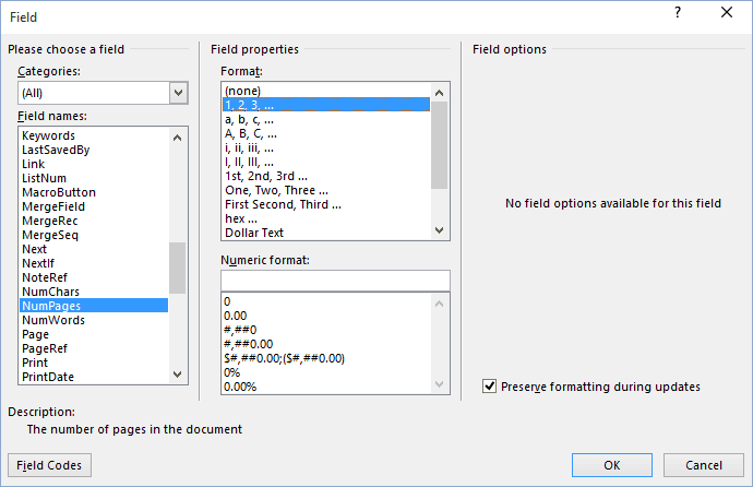 Field dialogbox in Word 2016