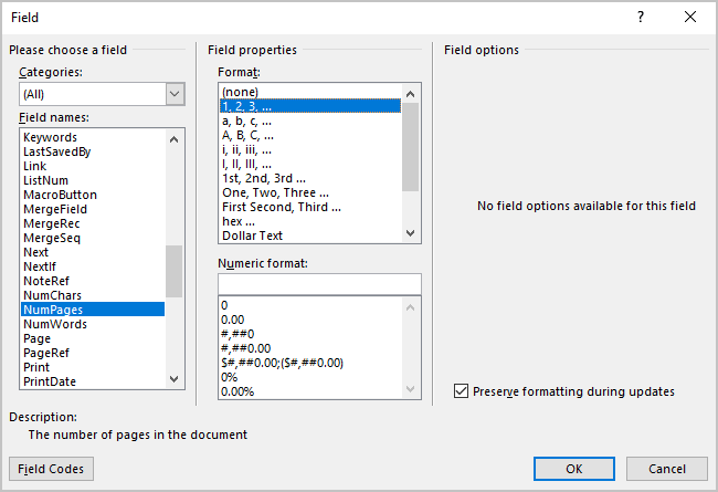 Field dialog box in Word 365