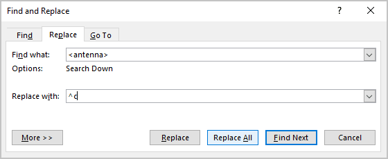 Find and Replace dialog box in Word 365