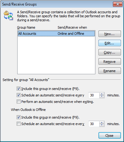 Send/Receive Groups in Outlook 2010