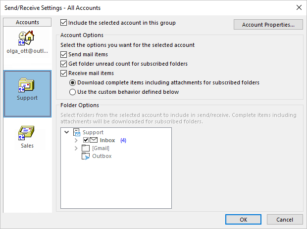 Send/Receive Settings for IMAP account in Outlook 365