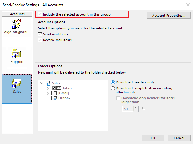 Send/Receive Settings dialog box Outlook 365