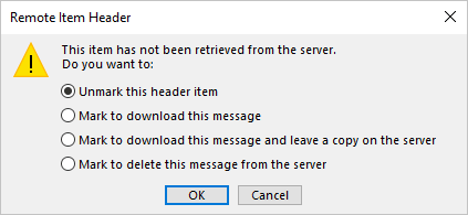 Remote Item Header dialog box in Outlook 365