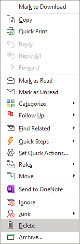 Delete in popup menu Outlook 365