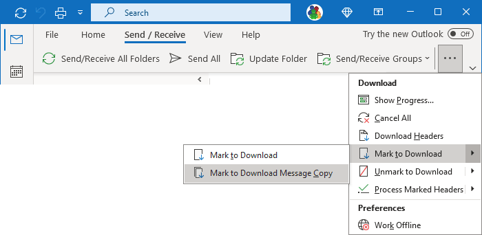 Mark to Download Message Copy in Simplified ribbon Outlook 365