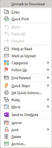 Unmark to Download in popup menu Outlook 365