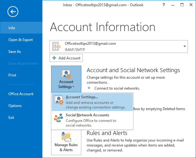 Info group in Outlook 2013