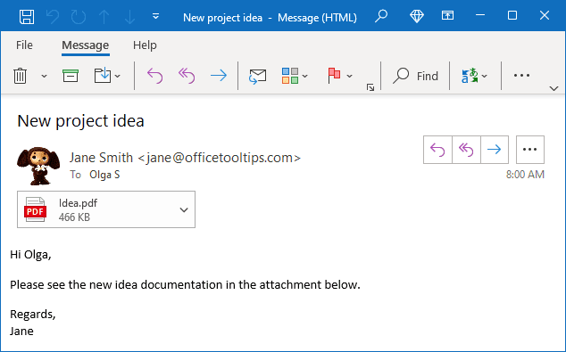 Example of a received mail in Outlook 365