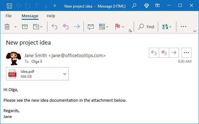 Exaample of a received mail in Outlook for Microsoft 365 Example of a received mail in Outlook 365