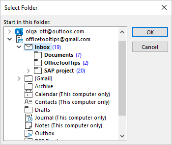 Select Folder dialog box in Outlook 365