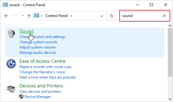 Search Control Panel in Windows 10