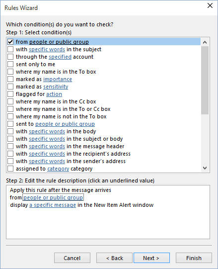 Rules Wizard Step 1 in Outlook 2016 Rules Wizard Step 1 in Outlook 2016