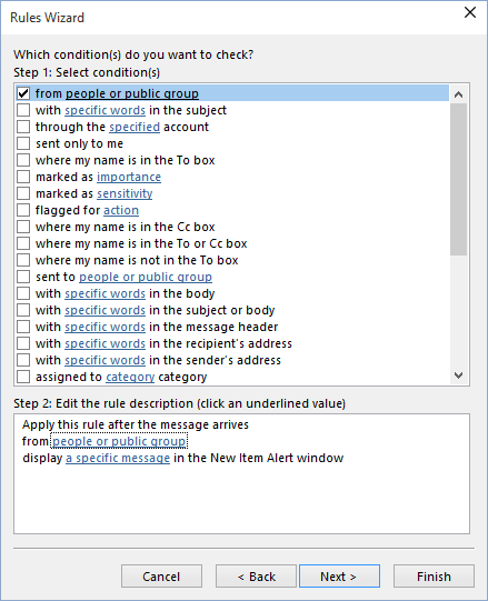 Rules Wizard Step 1 in Outlook 2016