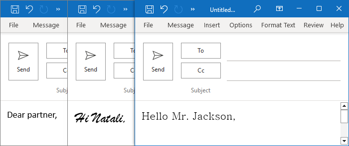 Examples of fonts in Outlook 365
