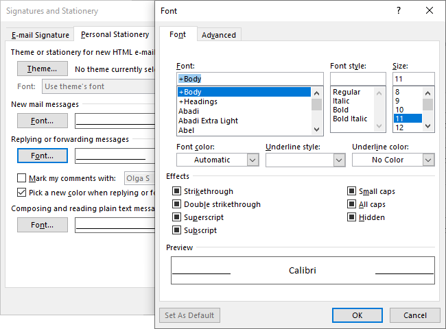 Font in Replying or forwarding messages Outlook 365