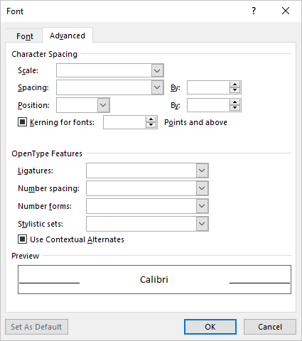 Advanced tab in Font dialog box Outlook 365