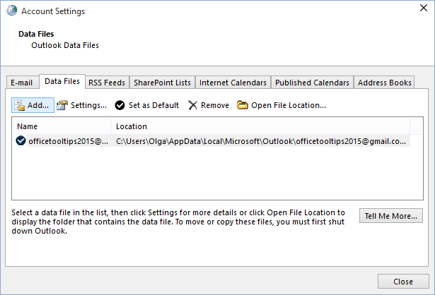 Outlook 2016 Data Files