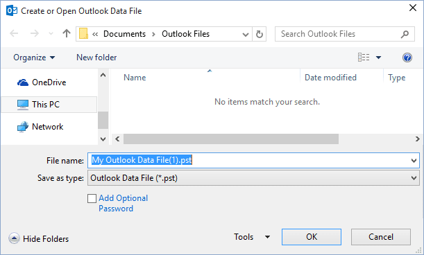 Create or Open Outlook 2016 Data File