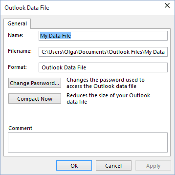 Outlook 2016 Data File Settings