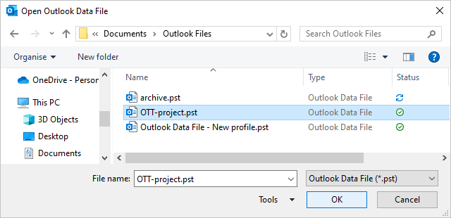 Open Outlook Data File dialog box in Outlook 365