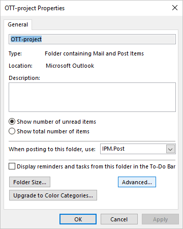 Properties dialog box in Outlook 365