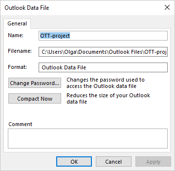 Outlook Data File dialog box in Outlook for Microsoft 365 Outlook Data File dialog box in Outlook 365
