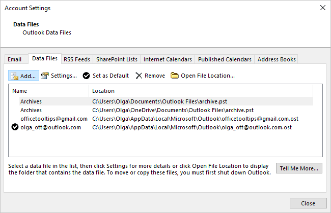 Account Settings - Add data files in Outlook 365