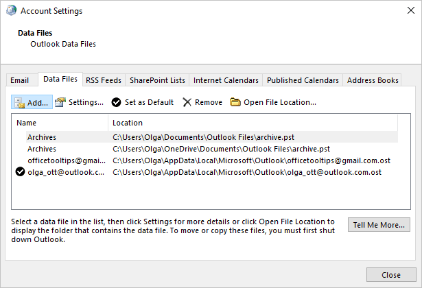 Account Settings - Add data files in Windows 10 Account Settings - Add data files in Windows 10