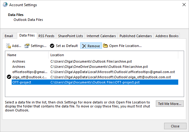 Account Settings - data file Remove in Outlook for Microsoft 365 Account Settings - data file Remove in Outlook 365