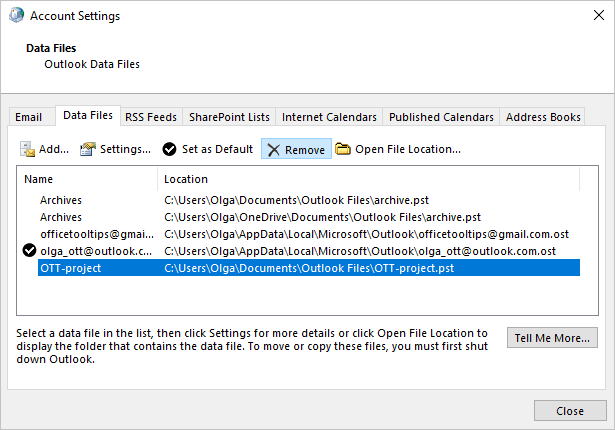 Account Settings - data file Remove in Outlook 365
