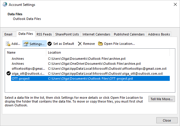 Account Settings - data file Settings in Outlook 365