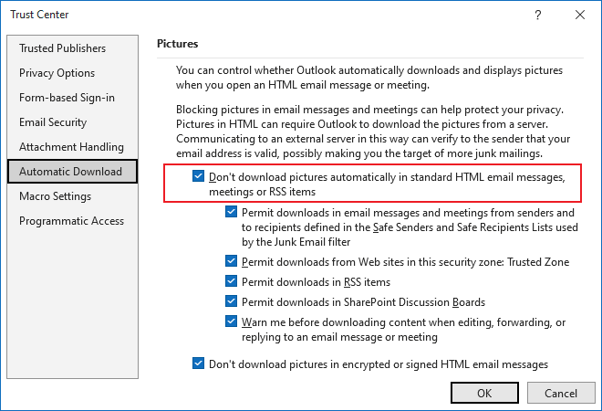 Trust Center Pictures settings in Outlook 365