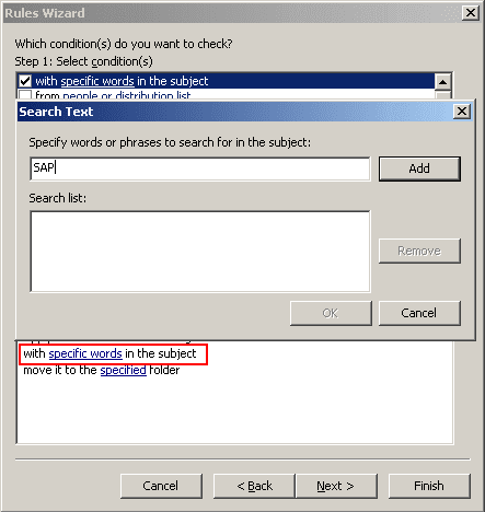 Rules Wizard Step 2 in Outlook 2003