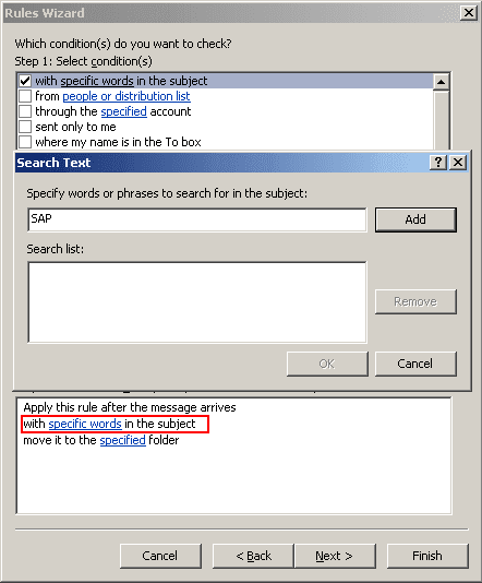 Rules Wizard Step 2 in Outlook 2007