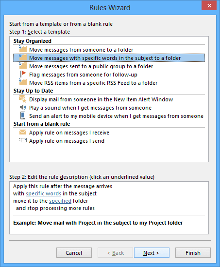 Rules Wizard in Outlook 2013