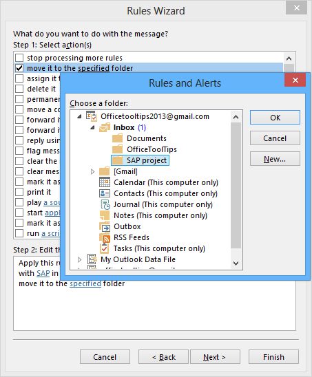 Rules Wizard choose a folder in Outlook 2013