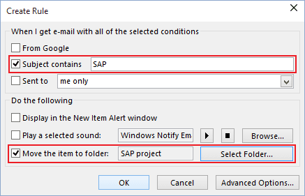 Create Rule in Outlook 2016