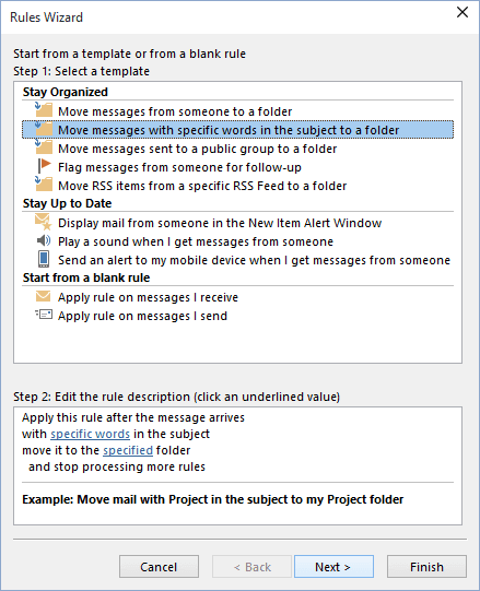 Rules Wizard in Outlook 2016 Rules Wizard in Outlook 2016