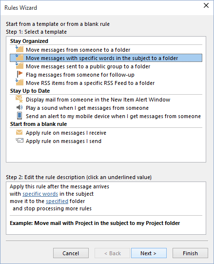 Rules Wizard in Outlook 2016