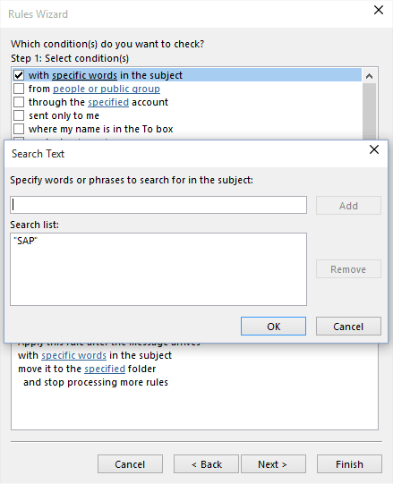 Rules Wizard Step 2 in Outlook 2016