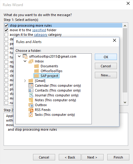 Rules Wizard choose a folder in Outlook 2016