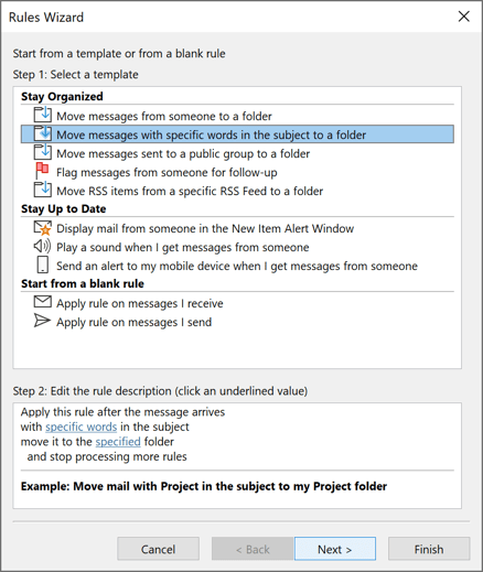 Rules Wizard in Outlook 365