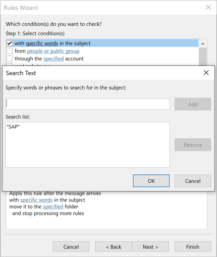 Rules Wizard Step 2 in Outlook for Microsoft 365 Rules Wizard Step 2 in Outlook 365