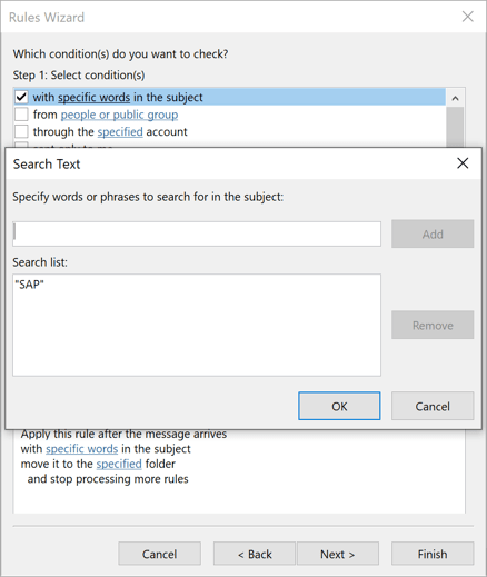Rules Wizard Step 2 in Outlook 365
